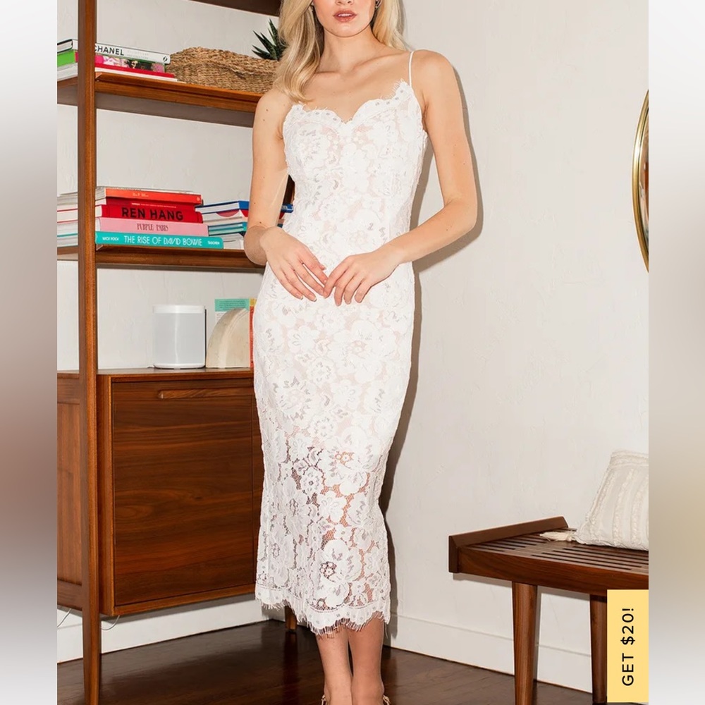 Lulu’s Divine lover white lace bodycon midi dress